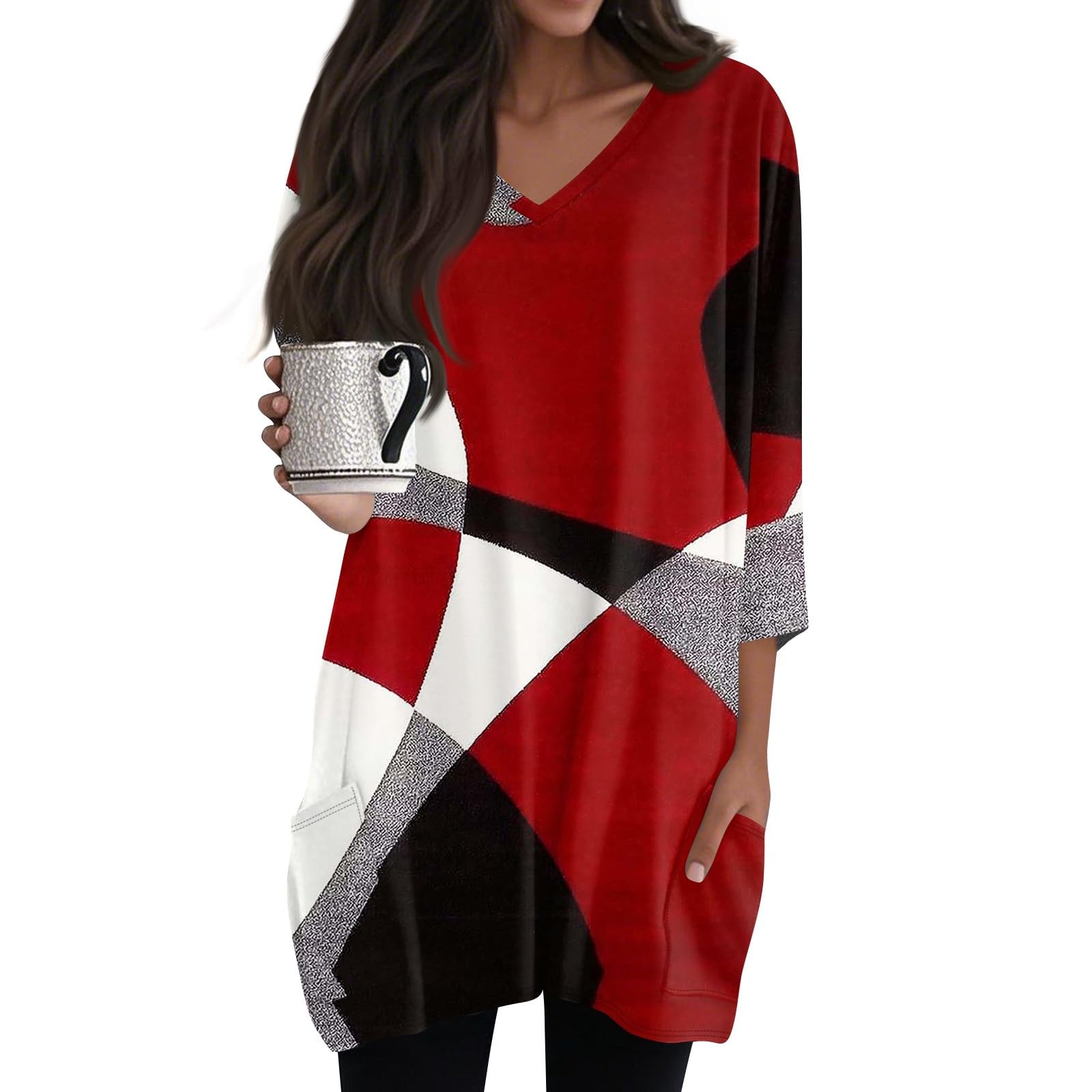 Womens Tunics To Wear With Leggings Summer 3/4 Length Sleeve V Neck Tshirts With Pockets Long Blouses Dressy Casual