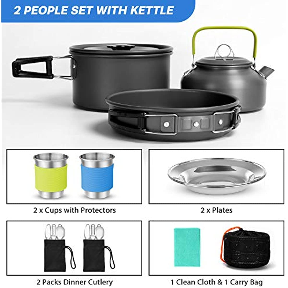 Set di stoviglie da campeggio con 0,8 l, set di pentole da campeggio e bicchiere, in alluminio leggero, set di pentole pieghevoli per cucina all'aperto