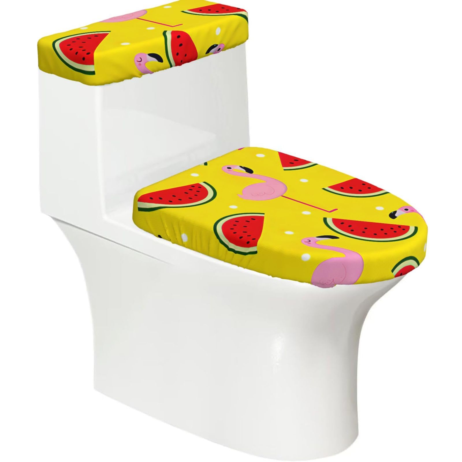 Pink Flamingo and Watermelon Print 2-Piece Stretch Toilet Cover Set, Elastic Breathable Toilet Seat and Tank Lid Protector