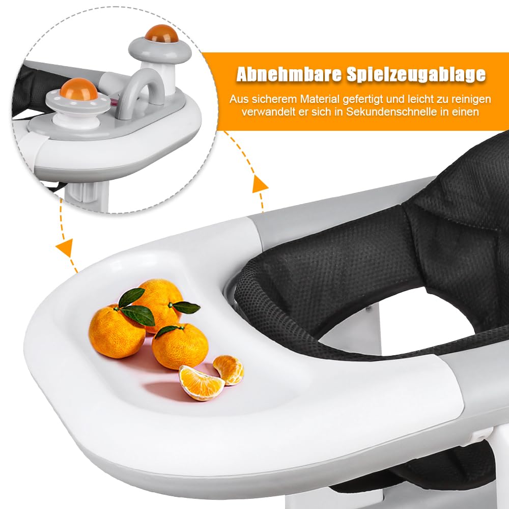 Girello per bambini 5 in 1, sollevatore pieghevole con musica, altezza regolabile in 5 posizioni, cuscino rimovibile, girello per bambini 6-18 mesi - grigio
