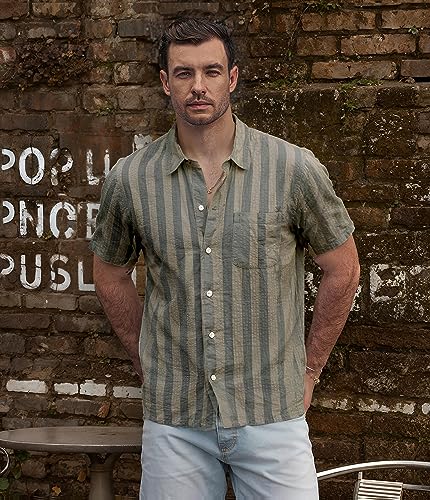 Image of VATPAVE Mens Striped Summer Shirt Casual Button Down Short Sleeve Beach Shirts Cotton Shirts for Men