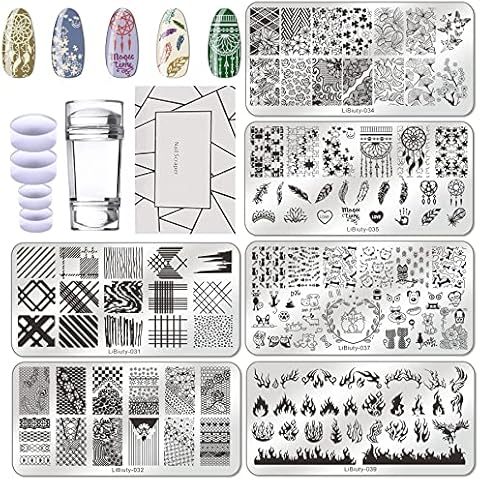 BUDOCI 6er Nagel Stamping Schblonen Platte Set,Nail Stamping Kit mit Nagelplatte,Stempel und Schaber für Nagelstempel Maniküre French Nail Art/Pflanze/Puzzle/Geometrie/Feuer/Tier/Spitze/Feder Cover