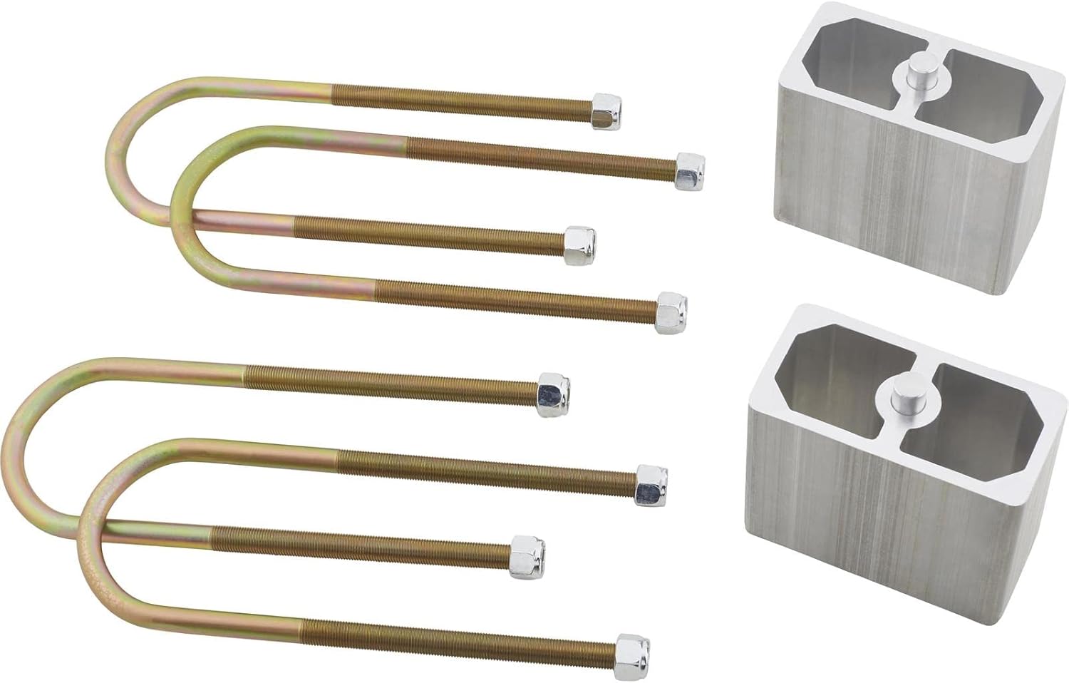 Speedway Motors Universal 4” Leaf Spring Lowering Block Kit, Fits Rear Axle on Top of Leaf Springs, Includes Extruded Aluminum Blocks, Zinc-Plated U-Bolts and Installation Hardware