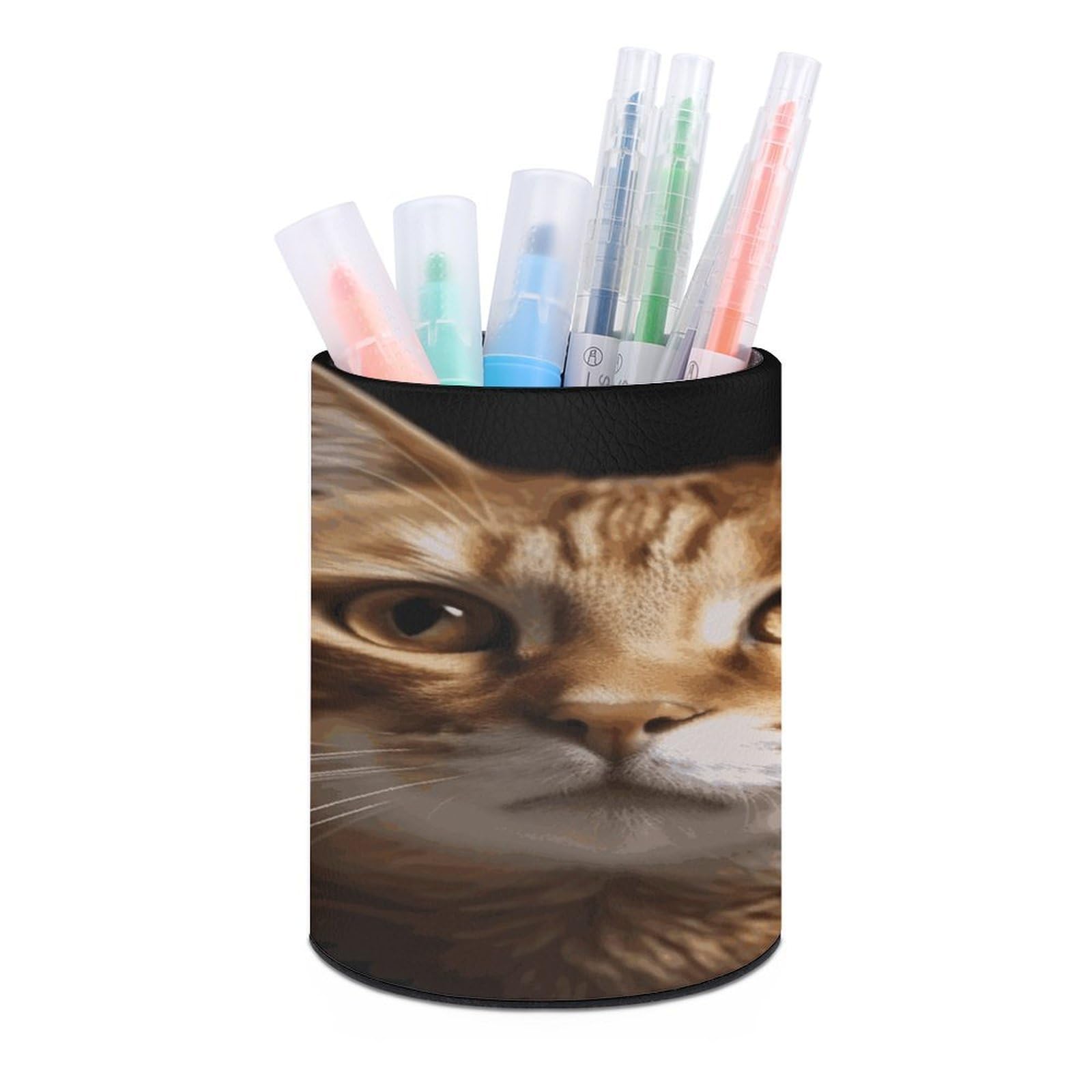 JTREHY Cats Pen Holder Round Pen Pencil Holder Makeup Brush Holders Cup PU Leather Pencil Cups Desktop Caddy Stationery Organizer Case Office Accessories Container Box