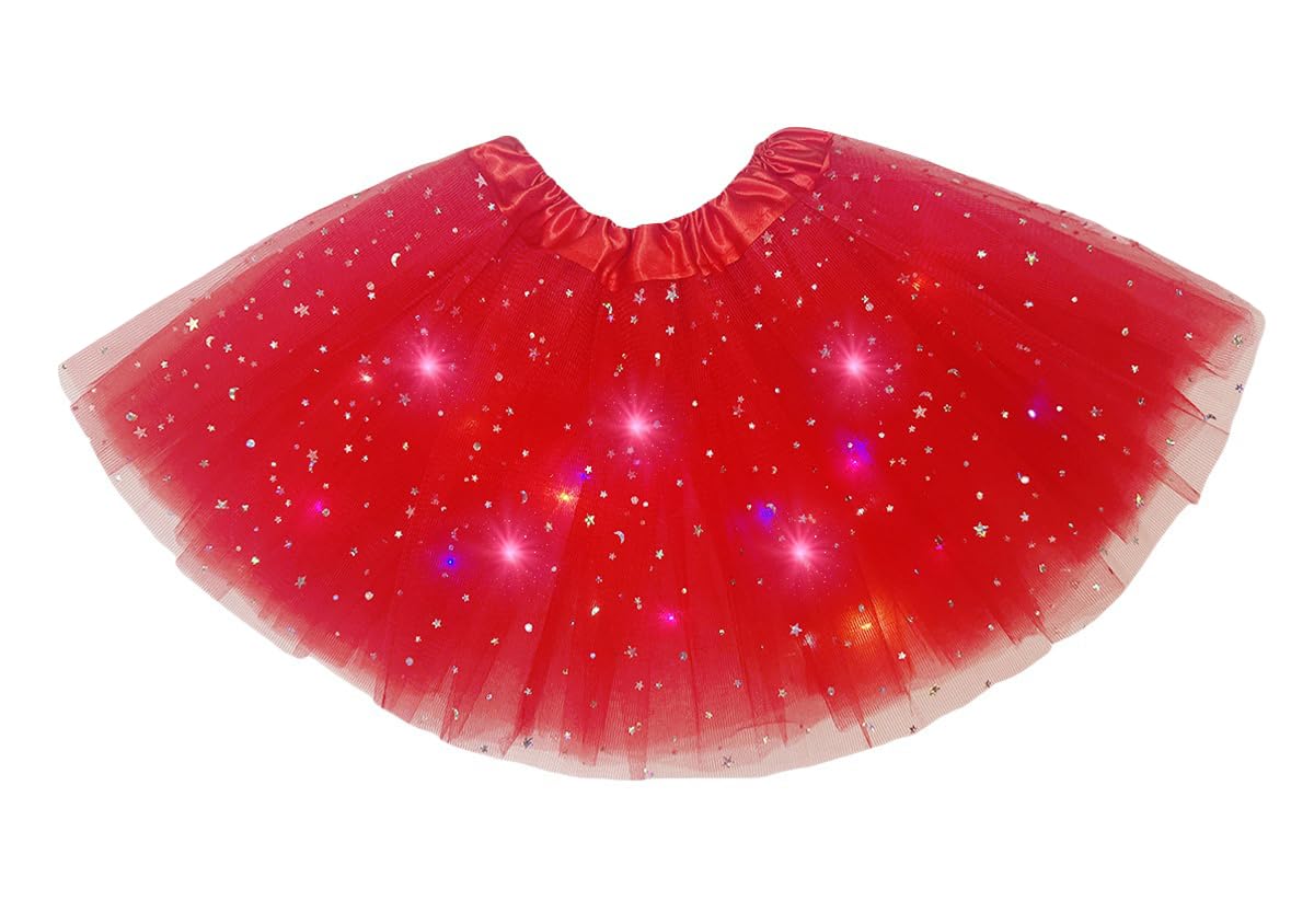 Tryuen Women's Red Led Tutu Skirt Sequins Stars Light Up Tutu Skirts Laye Ballet Dance Tulle Skirt For Halloween Party Costume (Uk, Alpha, One Size, Regular, Regular, Standard, )