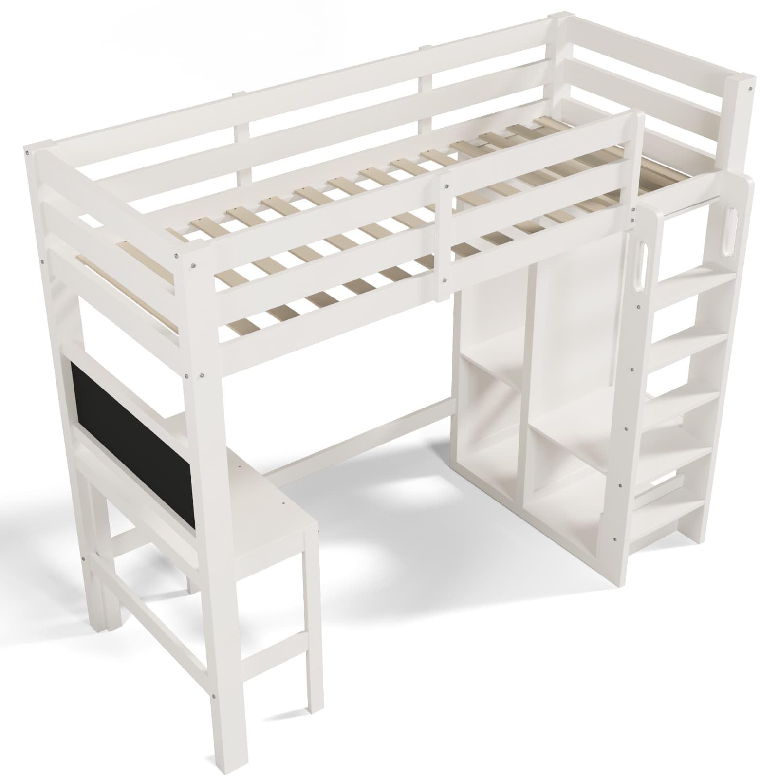 Sweiko Lit Mezzanine Enfant 90×200cm avec Bureau intégré et Armoire Ouverte, Cadre de lit avec étagères et barrière de sécurité, lit superposé avec Tableau Noir et sommier à Lattes