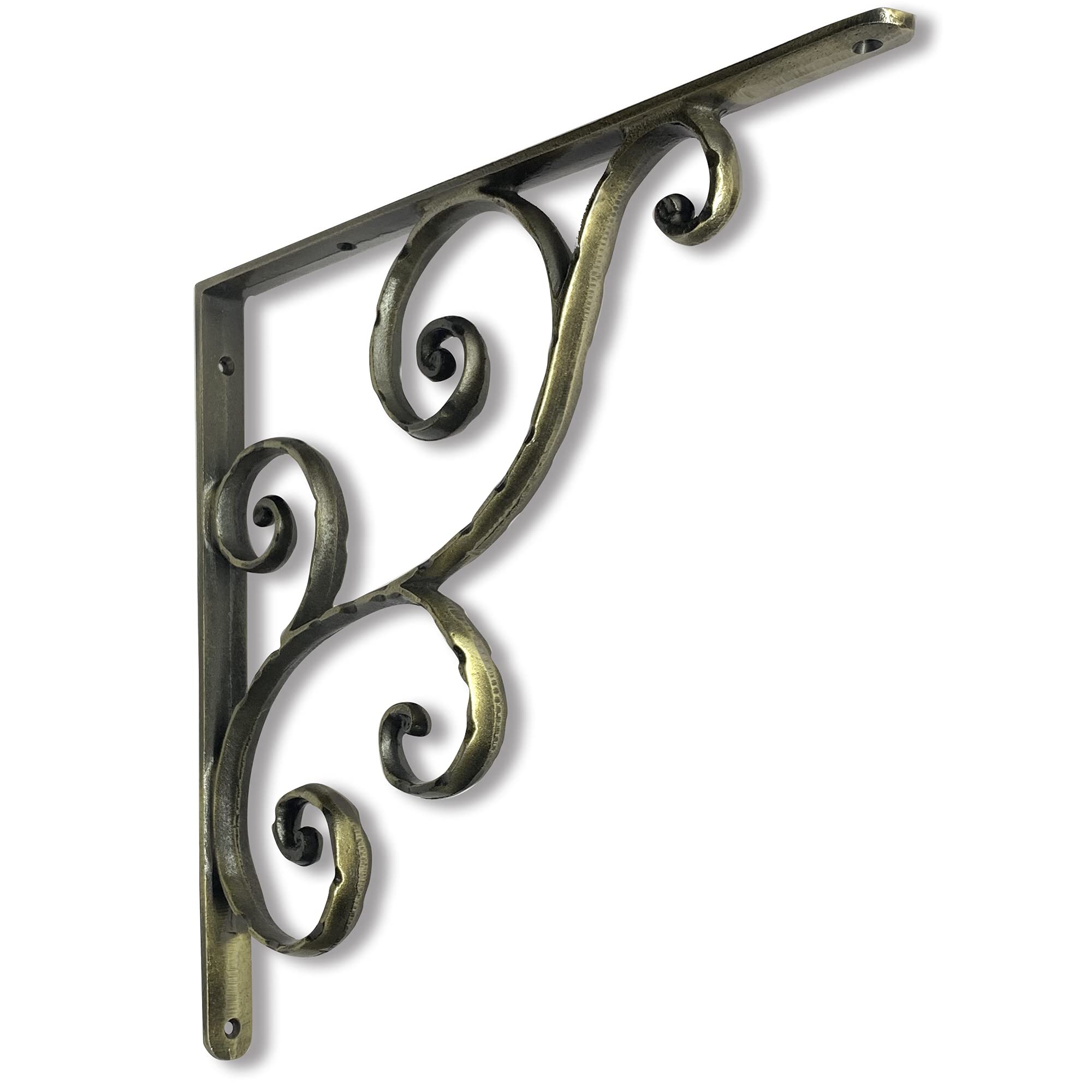 NACH Victorian Hammered Cast Iron Shelf Brackets 14 inch, Heavy Duty Shelf Brackets for Wood Shelves, Decorative Shelf Brackets, Brass Shelf Brackets, Heavy Duty Floating Shelf Brackets, JS-90-073BR