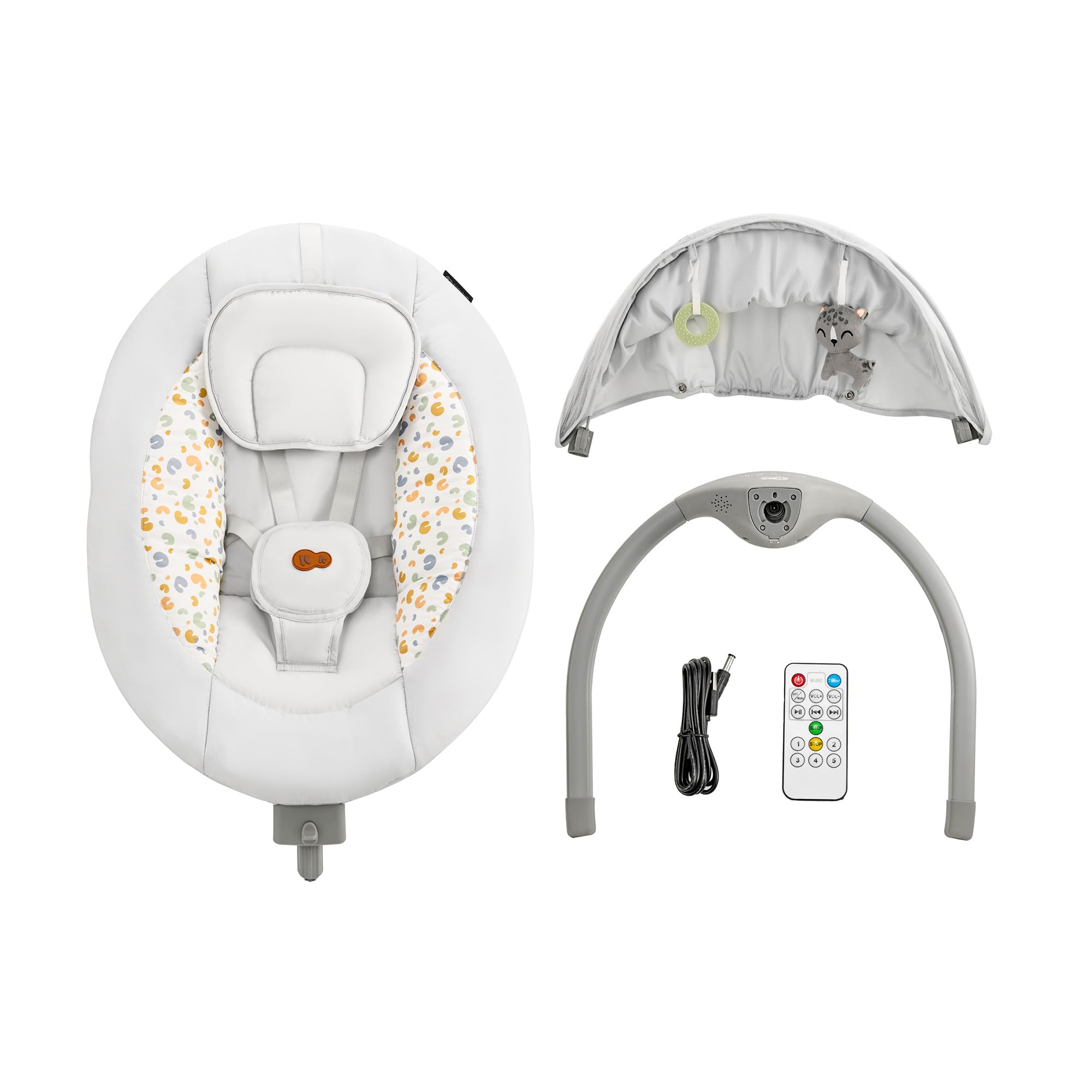 Kinderkraft LUMI 2 Sdraietta, Altalena elettrica, Dalla nascita fino a 9 mesi, Altezza regolabile, 5 modalità di altalena, 12 melodie, Arco con giocattoli, Grigio chiaro