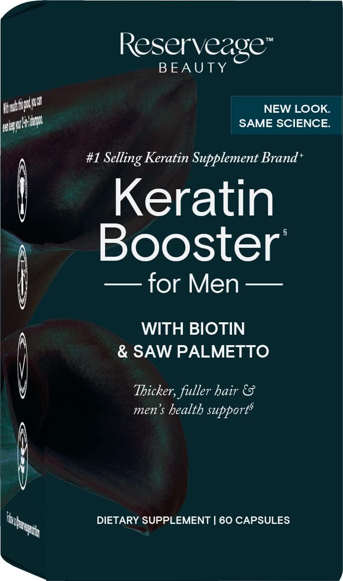 Reserveage - Keratin Hair Booster for Men, Helps Block DHT to Reduce Baldness by Supporting Hair Growth with Saw Palmetto, Biotin, and Beta Sitosterol, Gluten Free