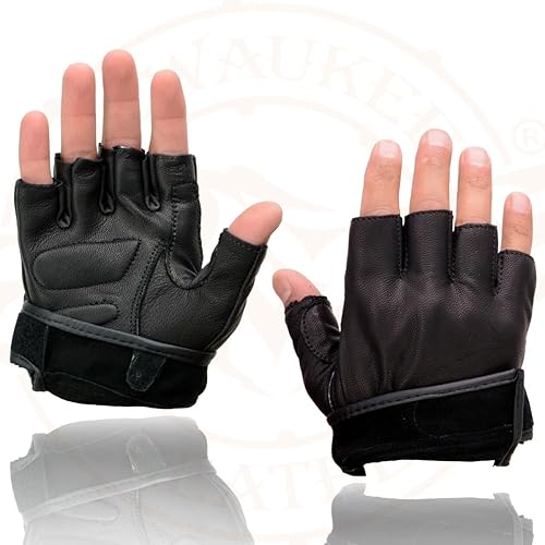 Miniatura 3 de Milwaukee Leather MG7585 - Guantes de mano para motocicleta sin dedos acolchados de gel de cuero negro con cubierta de panel completo para hombre