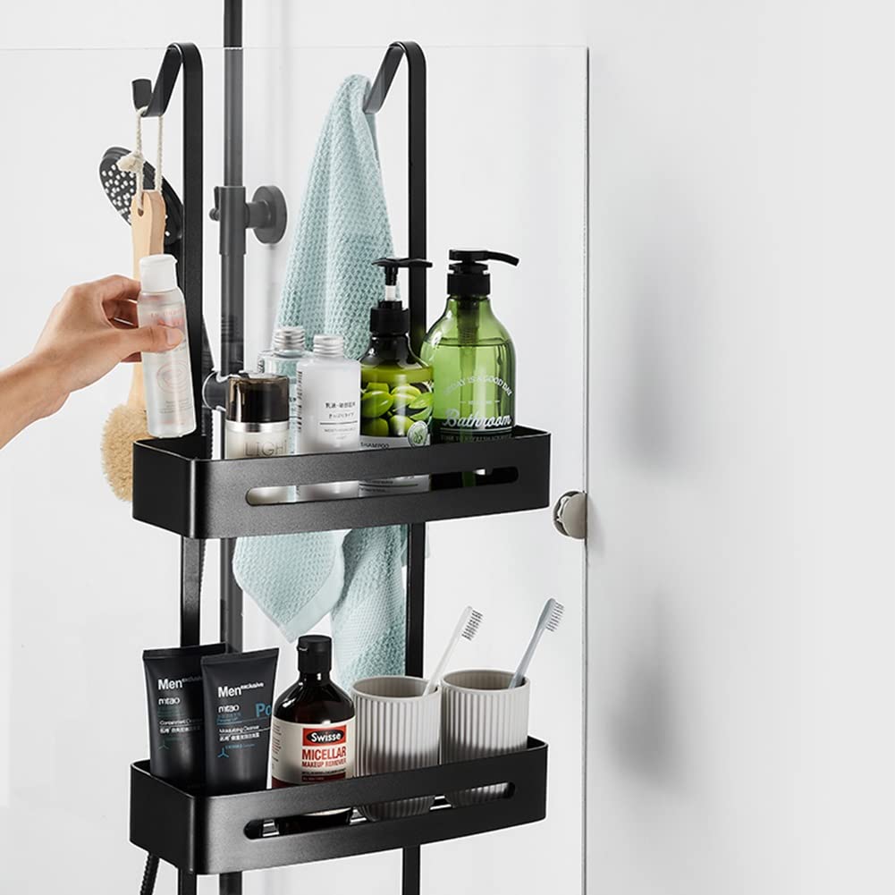 Duschregal für die Tür, 2-stöckiges Hängeregal mit Haken für Shampoo und Spülung, Badezimmer-Aufbewahrungslösung (schwarz)