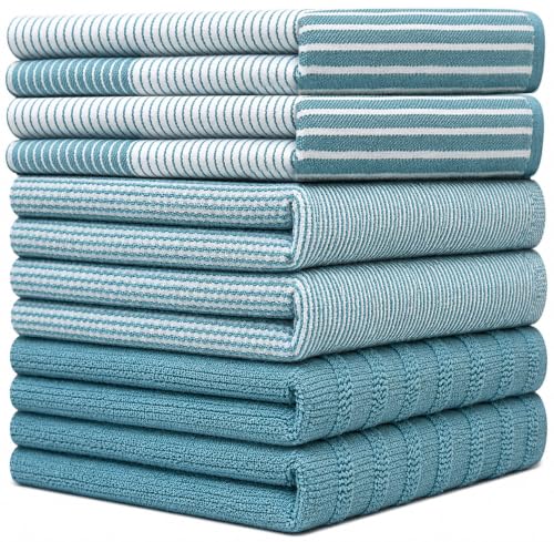 Image of Premium Kitchen Towels (20 inchx 28 inch, 6 Pack) | Large Cotton Dish Towels | Flat & Terry Highly Absorbent Kitchen Linen Set with Hanging Loop | Aqua
