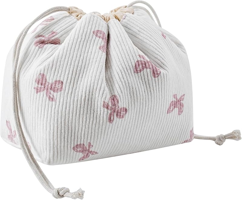 Necessaire de Maquiagem em Veludo Cotelê com Cordão e Forro de Canvas, 08 White Pinkbow, 17,02 x 17,02 x 10,16 cm