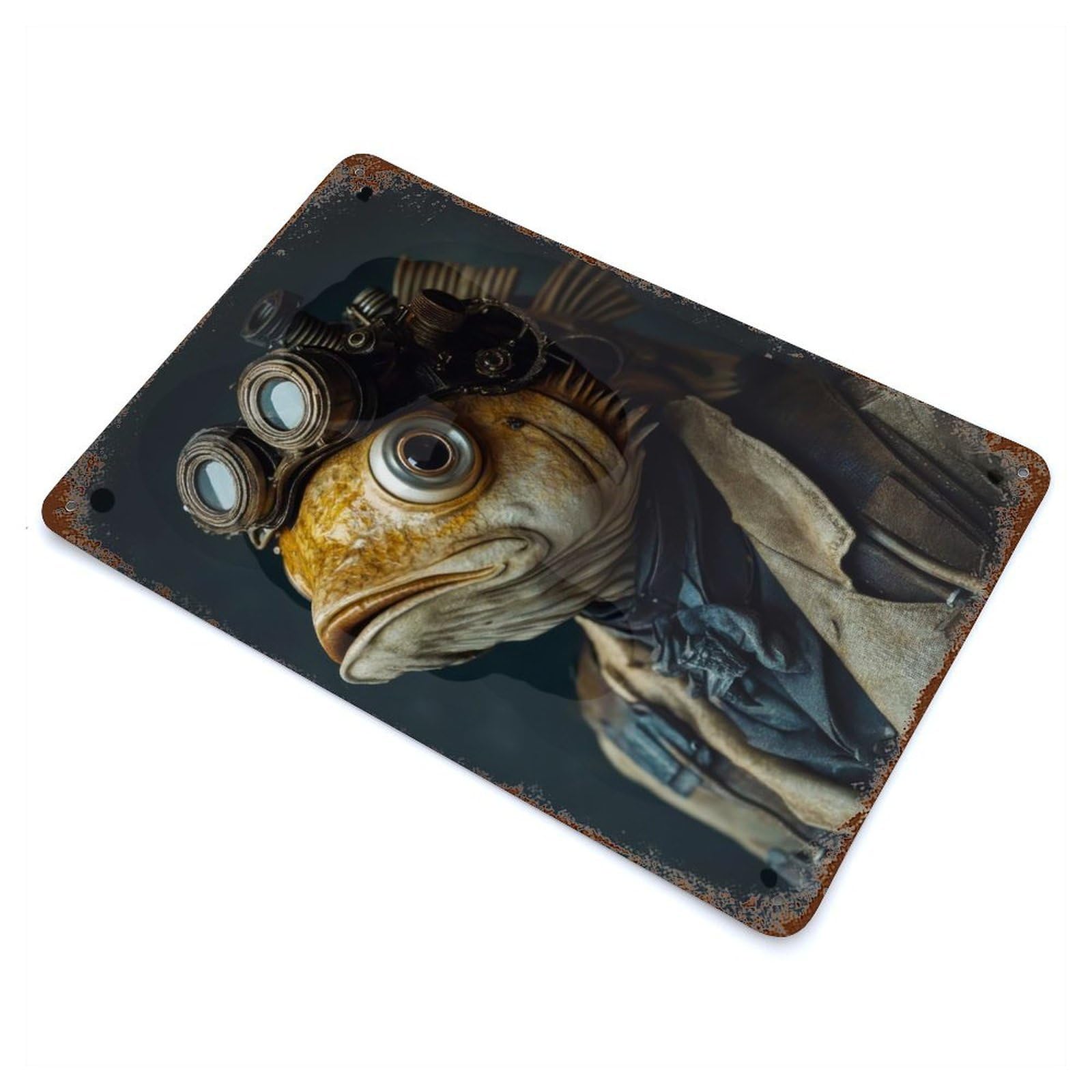 Garage Style Funny Steampunk Fish Creature Rusty Metal Tin Sign 11.8"x7.9", Novelty Wall Decor for Bar And Workshop