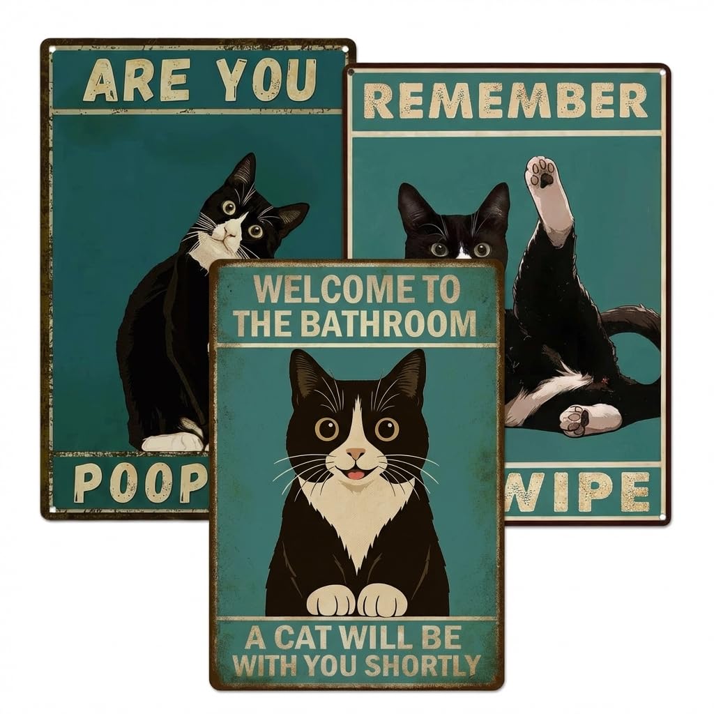 3-Piece Cat Bathroom Metal Sign Set – Vintage Wall Decor, Funny Bathroom Signs for Cat Lovers, Room Decor