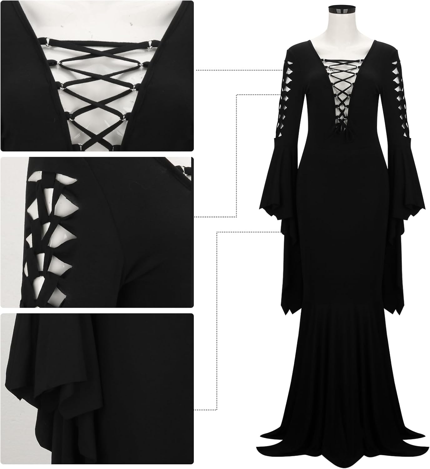 Women's Morticia Addams Costume Floor Dress Adult Black Gothic Witch Vintage Halloween Long Sleeve Maxi Bodycon Dress