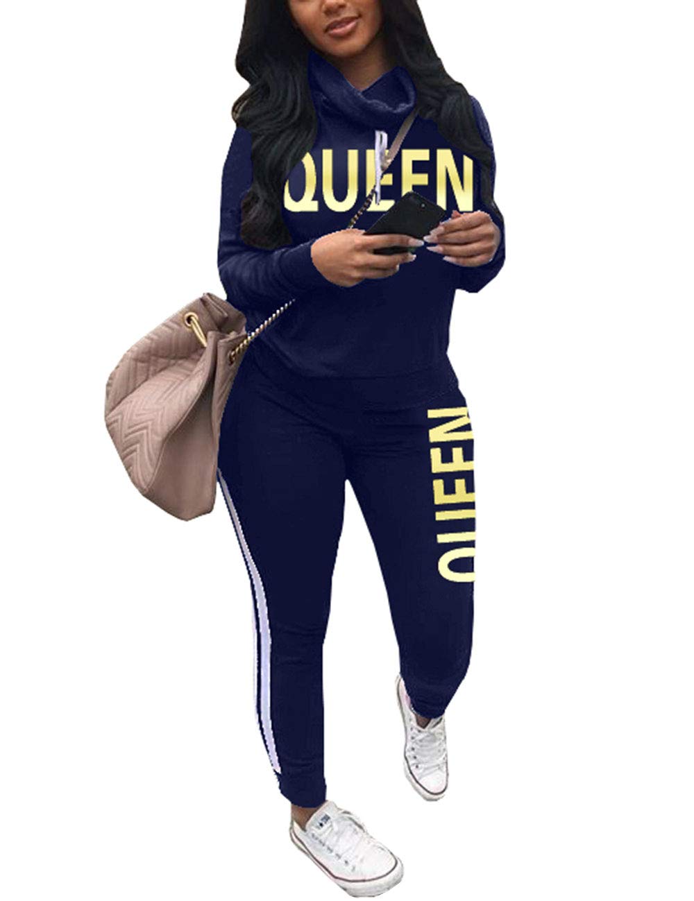 Angsuttc Womens Letter Print 2 Piece Outfits Cowl Neck Long Sleeve Sweatshirt and Pants Set Tracksuit