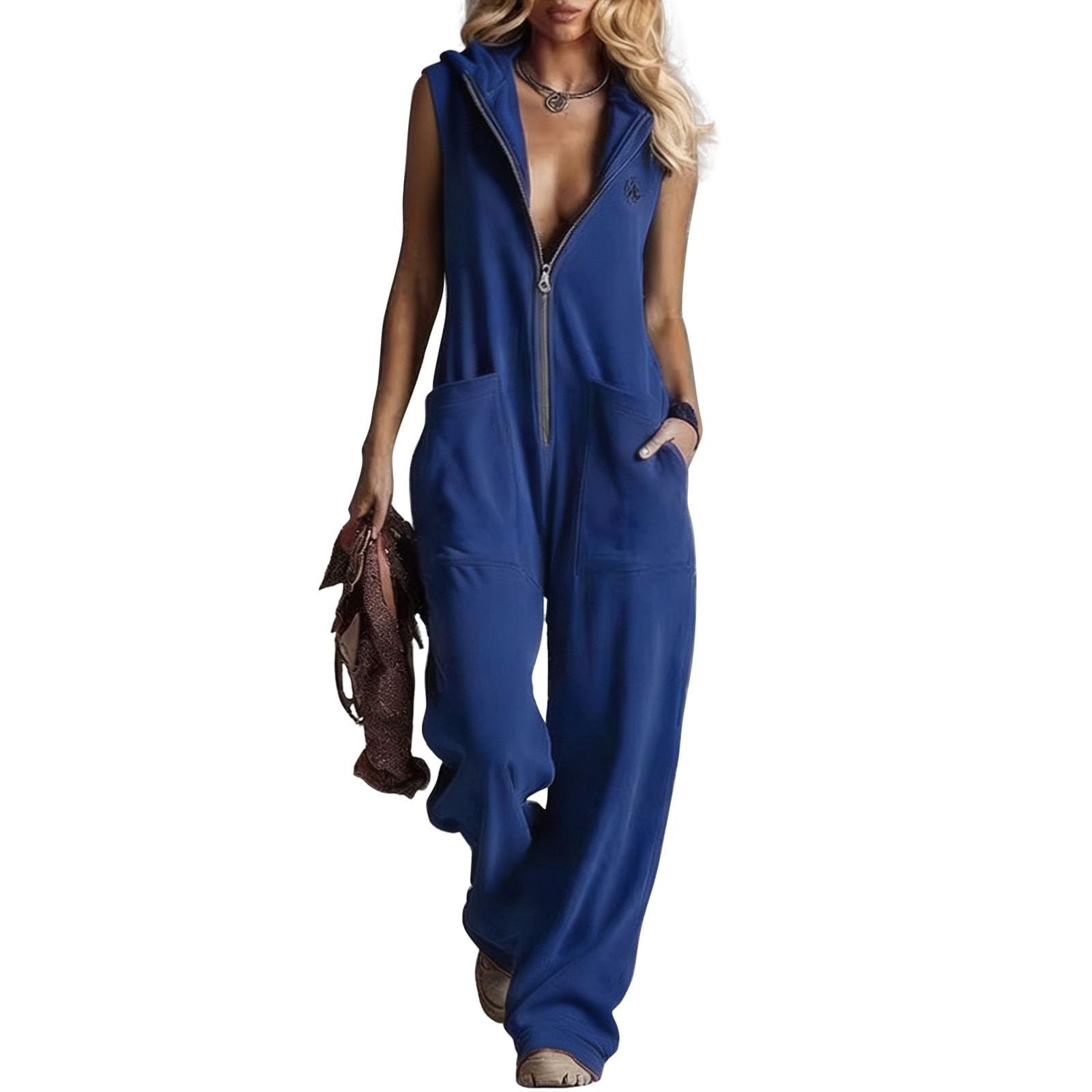 Combinaison Pantalon Femme Capuche Col V Fermeture Éclair sans Manches Poches Coupe Ample Style Rétro Sport Décontracté Tenue Quotidienne Loisirs Week End Voyage Été