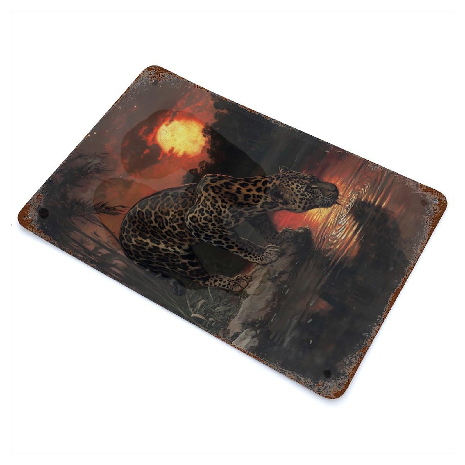 Jaguar at Sunset Aged Metal Wall Plaque 11.8"x7.9", Industrial Home Decor for Pub, Kitchen And Man Cave Decor