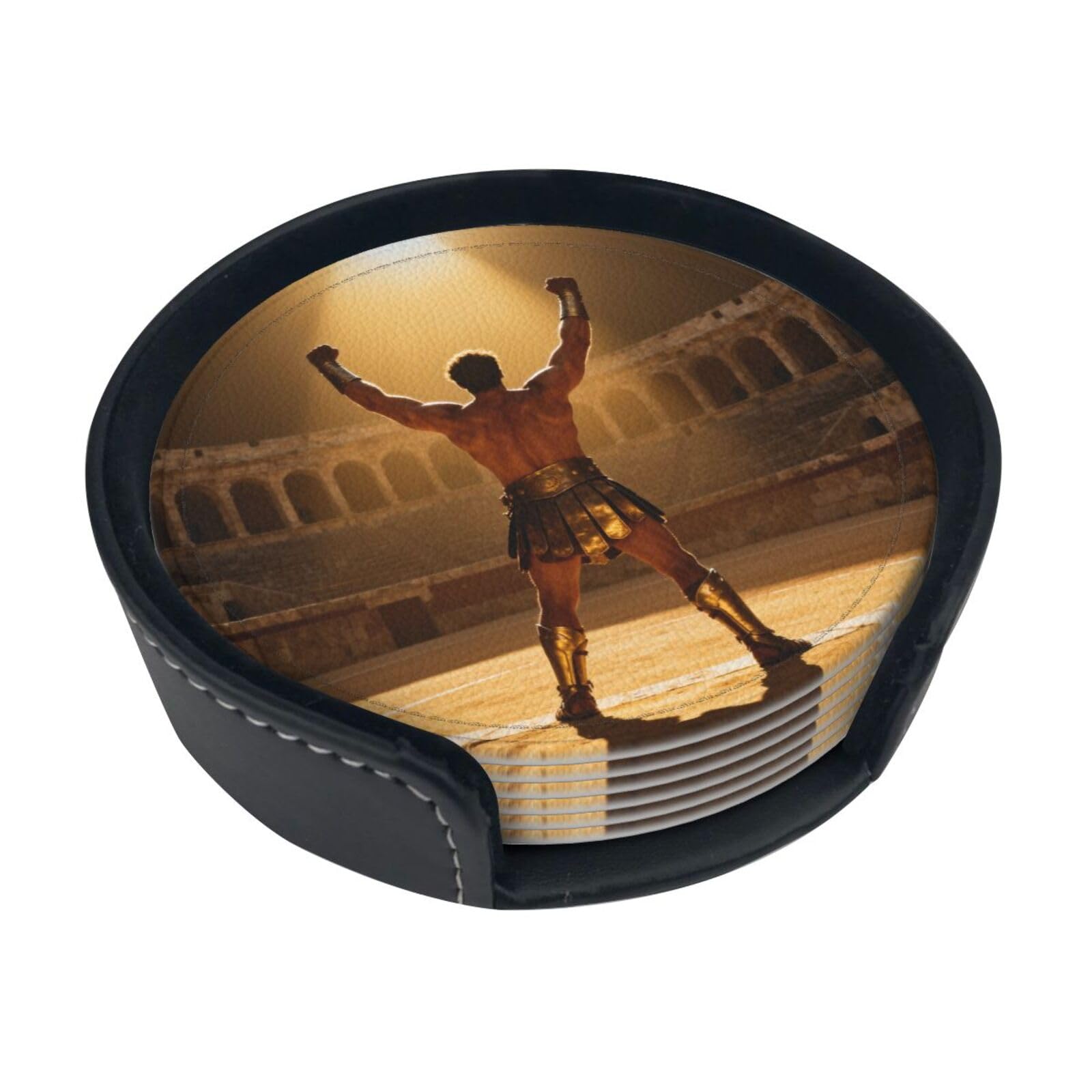 Cntdbu White Gladiator Victory Pose Leather Coasters Set Of 6-Pu Leather Drink Mats For Table, Heat Resistant Round Coasters With Holder