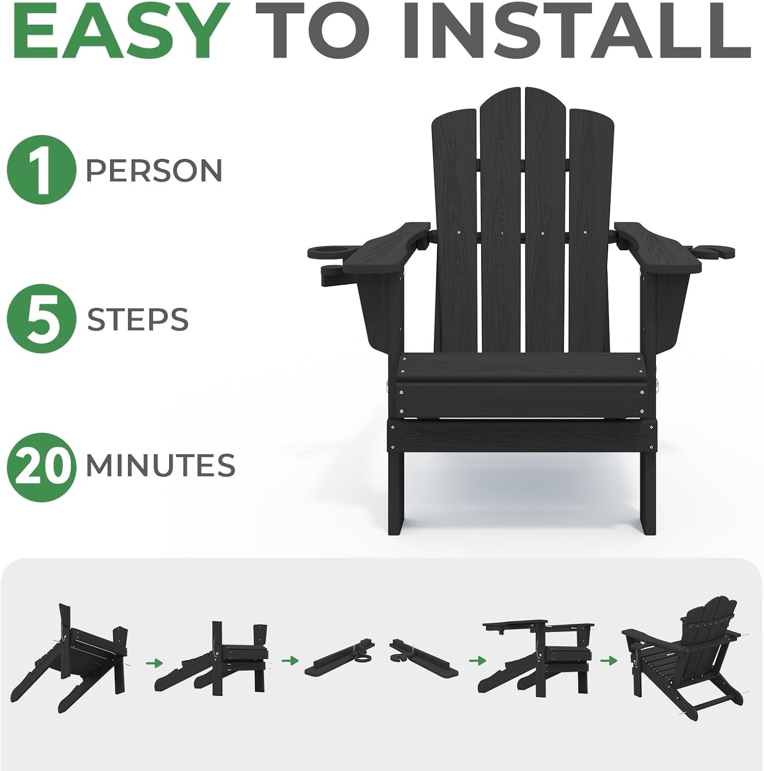Outdoor Patio Folding HDPE Resin Adirondack Chair with Double Cup Holder, Black