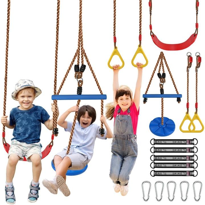 GOLDGE 3pcs Kids Outdoor Swing Set with Adjustable Ropes, Disc & Ring Hangers, Trapeze Bar, U-Board Seat and Monkey Bars with EVA Soft Disc for Backyard Play