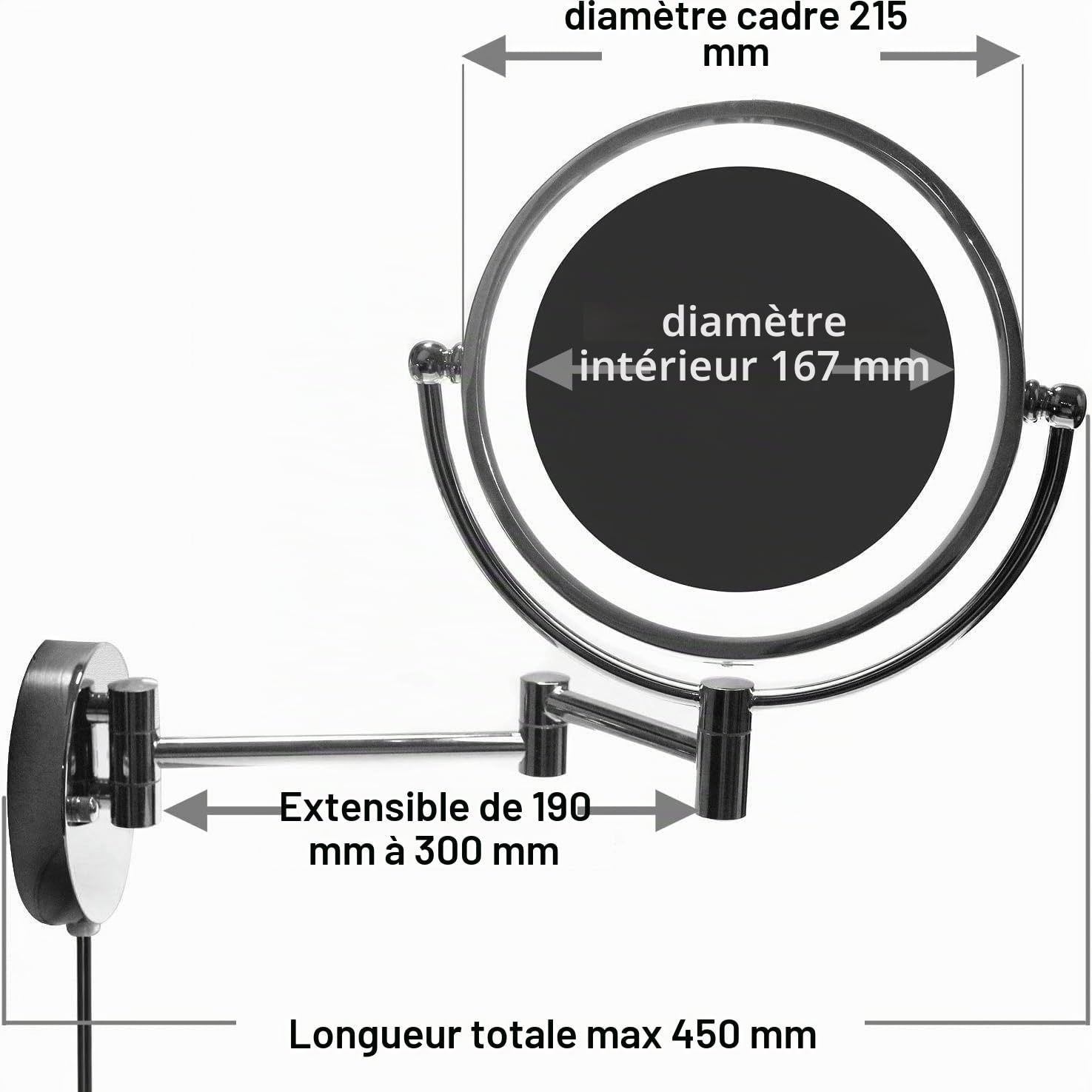 8,5 Pouces LED Miroir cosmétique Mural Grossissant x7 Lumineux Extension Pliant - Double Face avec Normale et Grossissant x7-360 degrés Rotation, KXD3129-7x