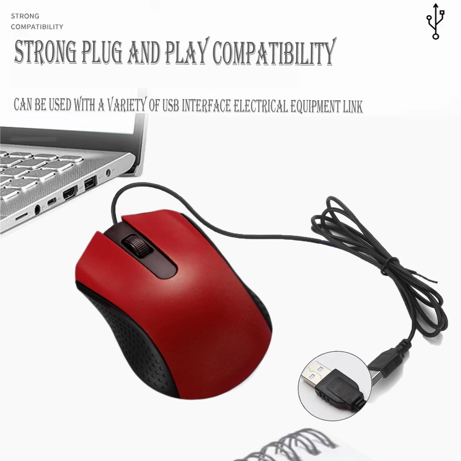 Mouse USB cablato per computer con design ergonomico, mouse USB per computer portatili e PC, mouse per ufficio e casa (nero, rosso)