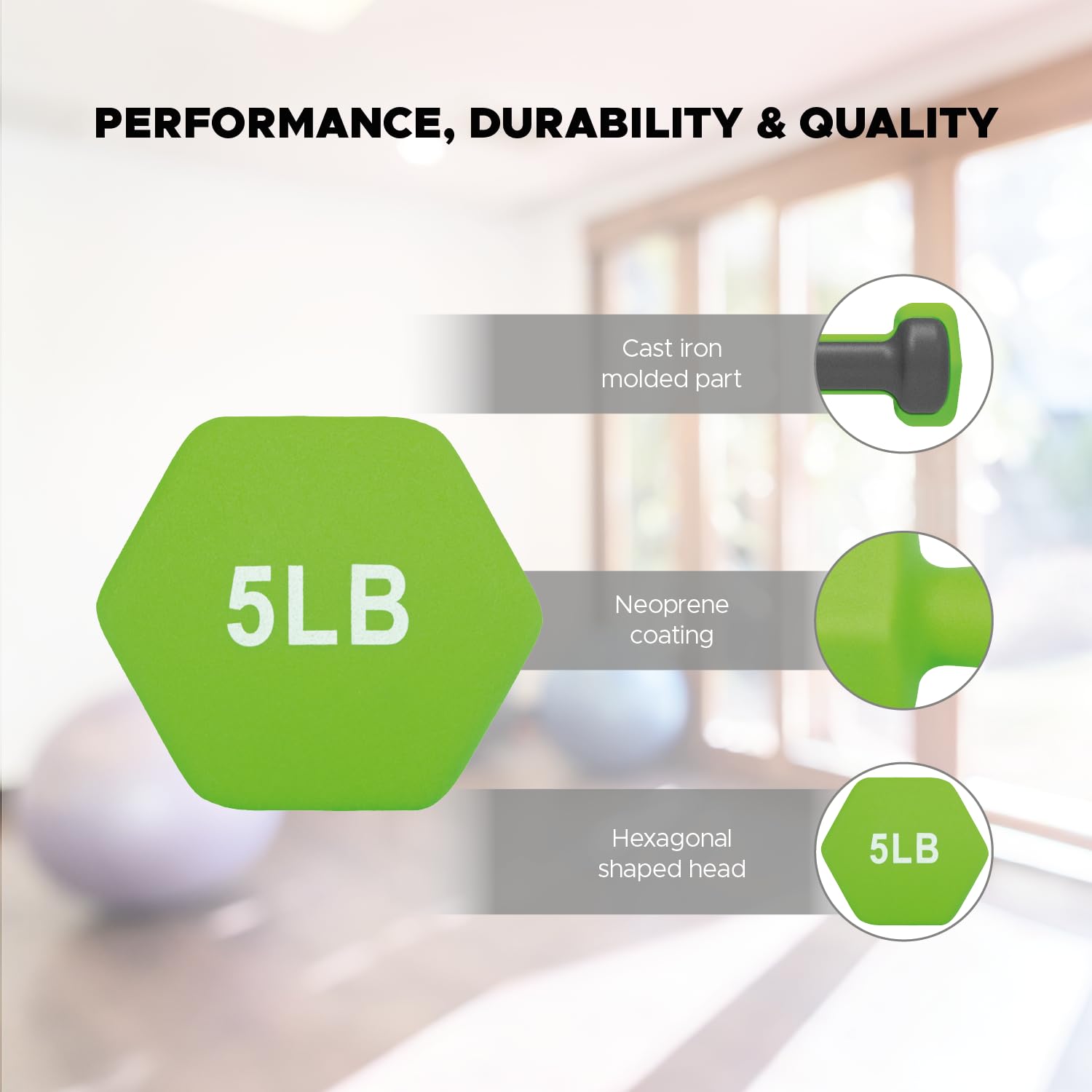 X-RUSH Neoprene Dumbbell 5lbs Hand Weights, Sets of 2 with Multiple Weight Options, Hexagon Non-Slip Weights for Home Gym Yoga Pilates Workout - Green