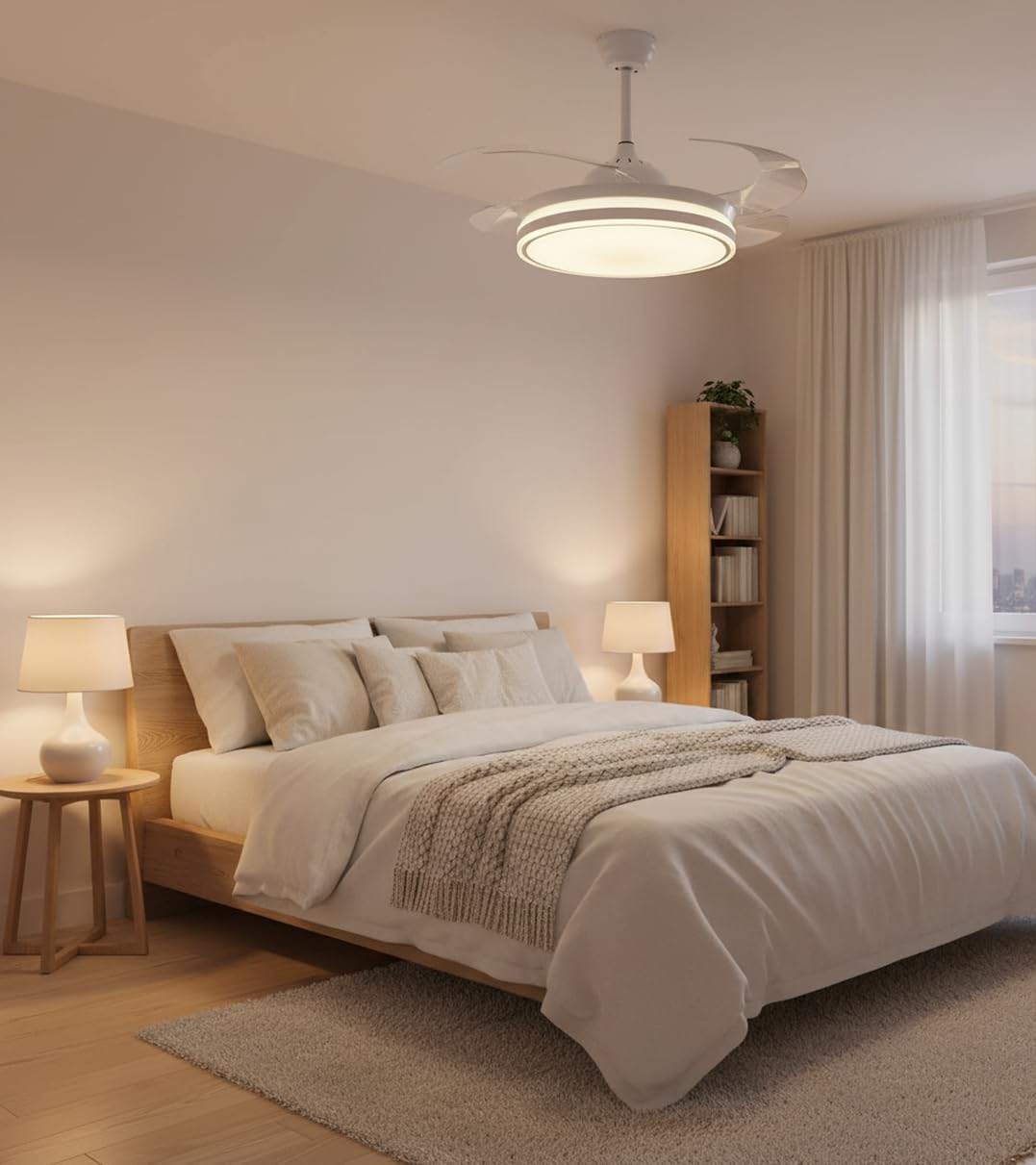 BEL AIR HOME Ventilatore da soffitto ASGARD motore DC silenzioso, pale trasparenti 108 cm, luce LED 36 W 3 temperature, telecomando, modalità inverno, bianco