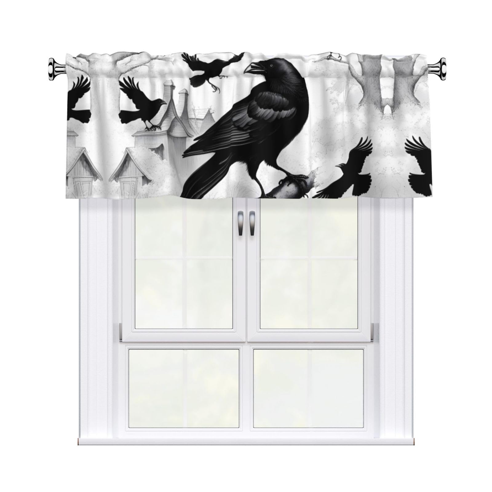 Whjshop Black Crow Birds Pattern Curtain With Short Pole, 54X18in For Enhancing Kitchen Windows, Bathrooms, Laundry Rooms, And Studios