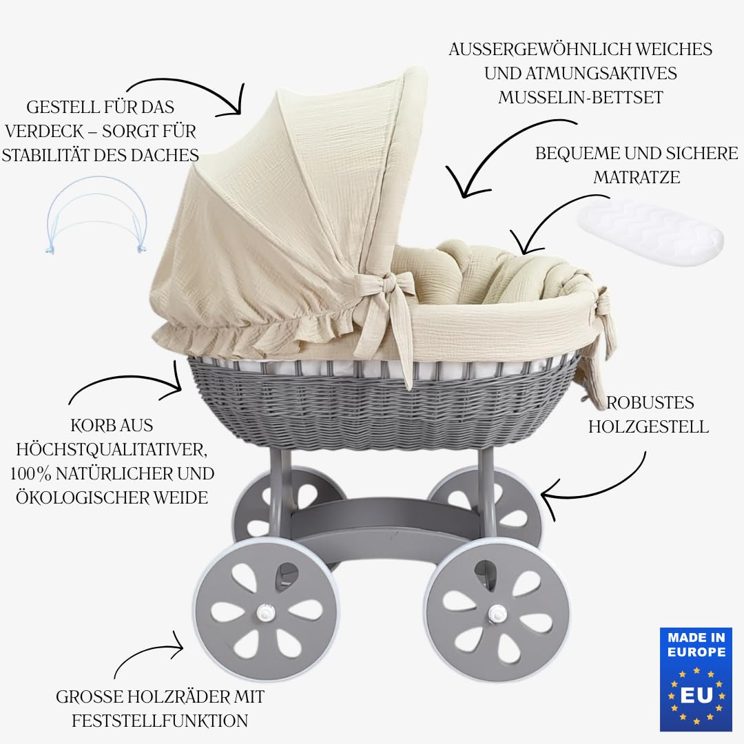 Wiklinopol Culla Annabell – Cestino Moses in vimini naturale con struttura e ruote – Set biancheria in mussola beige 5 pz. – Cestino grigio – con materasso incluso