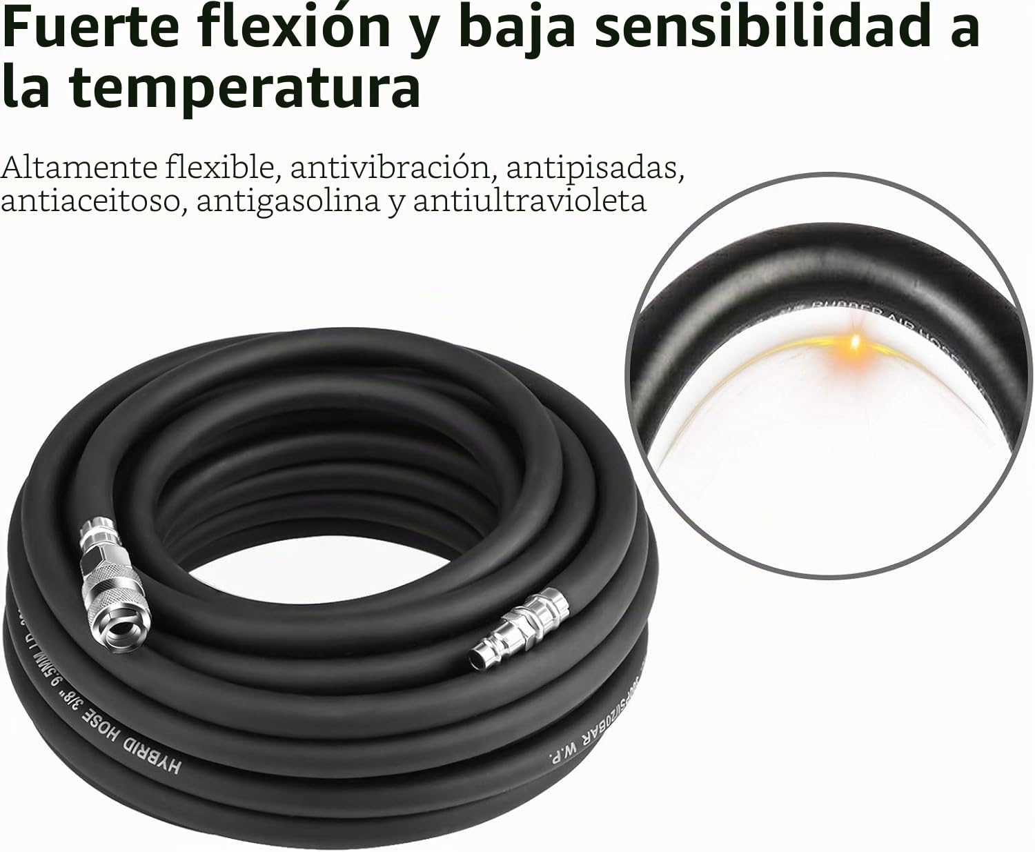 Manguera de aire comprimido de goma, 15 m, 1/4 pulgadas, manguera de aire flexible, duradera, 9,5 mm de diámetro, manguera de aire comprimido, conexión rápida con 5 accesorios