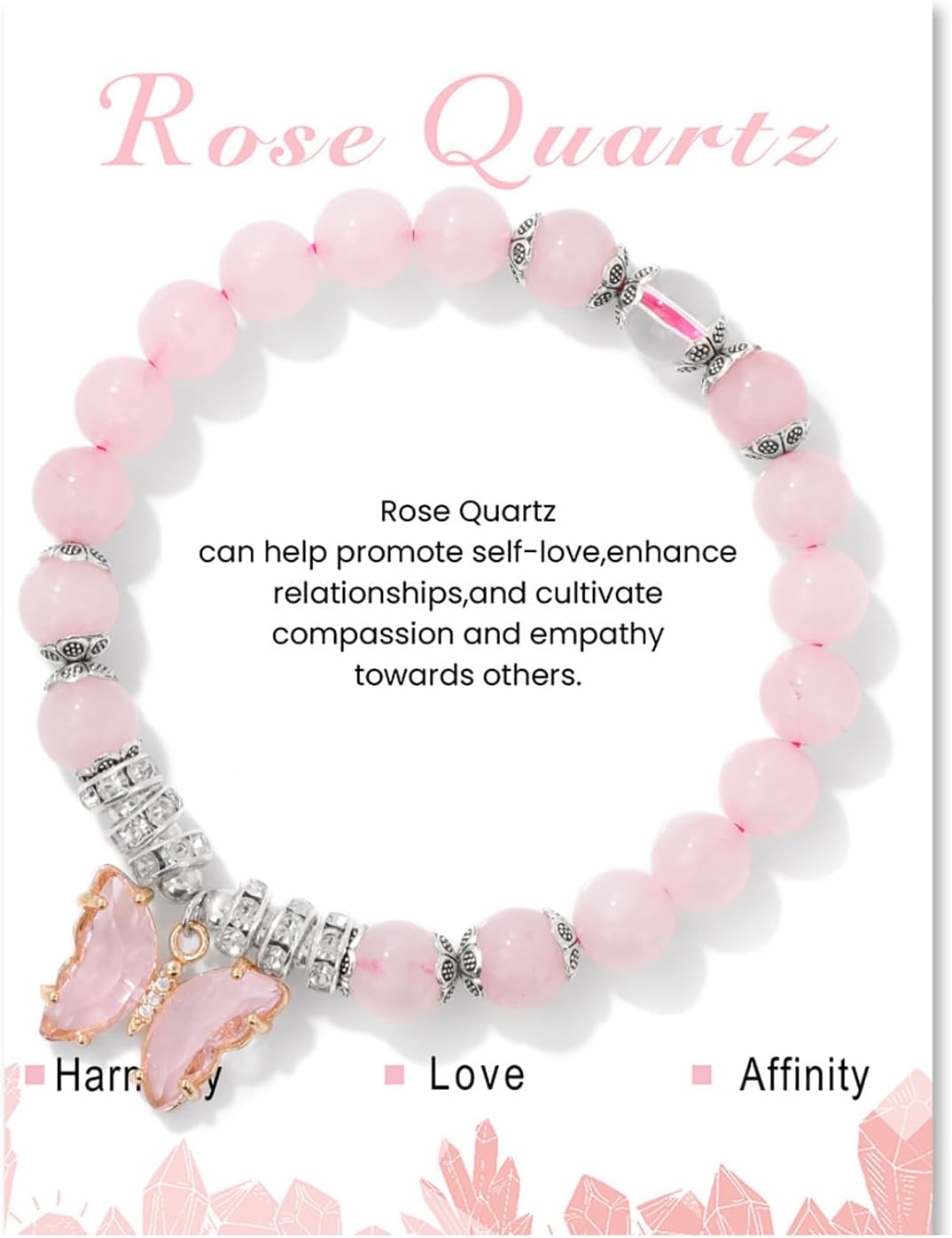 LitWall Rose Quartz Healing Crystal Bracelet for Women - 8mm Adjustable Beaded Butterfly Charm Bracelet