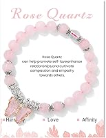 LitWall Rose Quartz Healing Crystal Bracelet for Women - 8mm Adjustable Beaded Butterfly Charm Bracelet