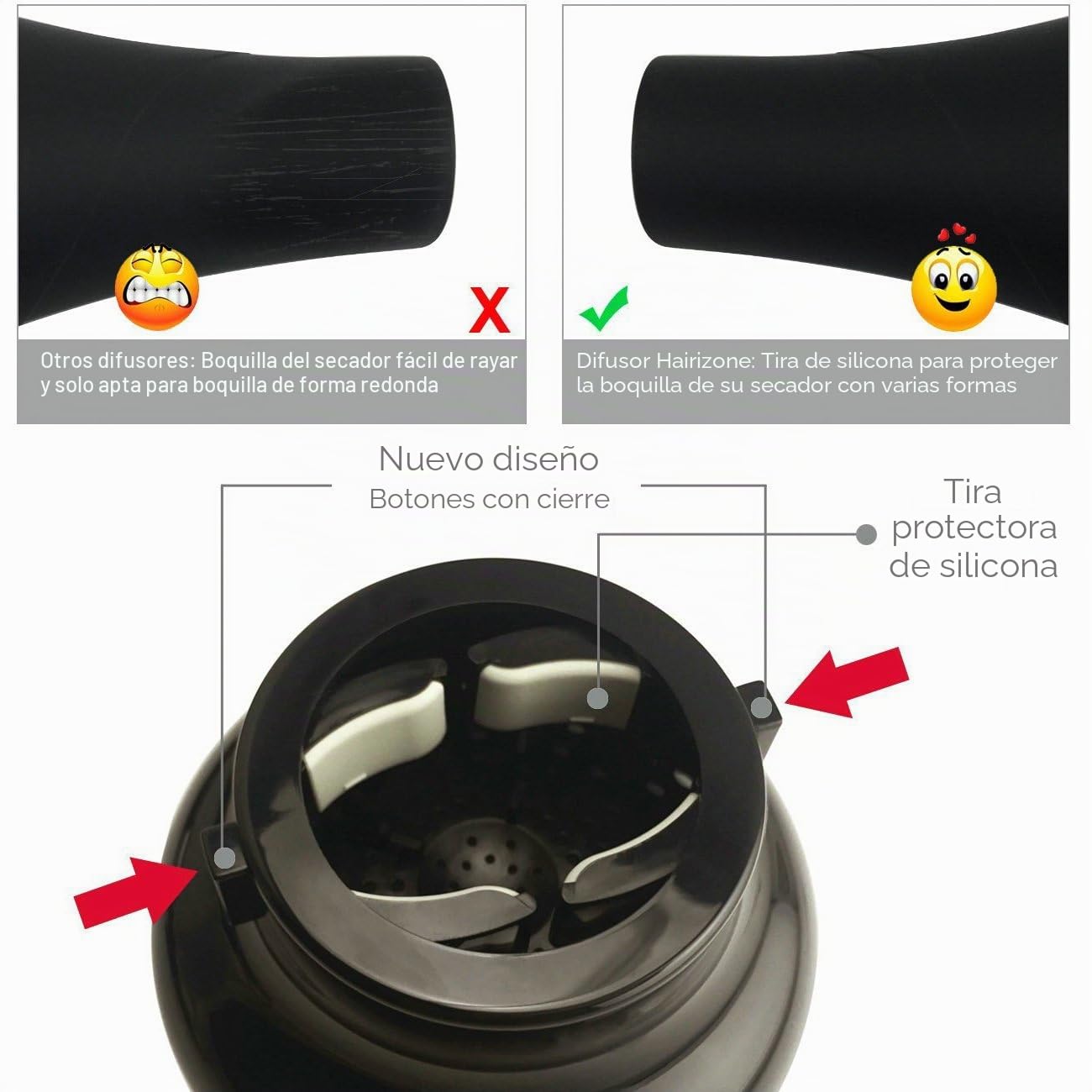 Hairizone difusor Universal para secadores de pelo con boquilla de diámetro 4,3 - 6,6 cm, para pelo rizado u ondulado, seca y gana el máximo volumen sin encrespamiento, negro
