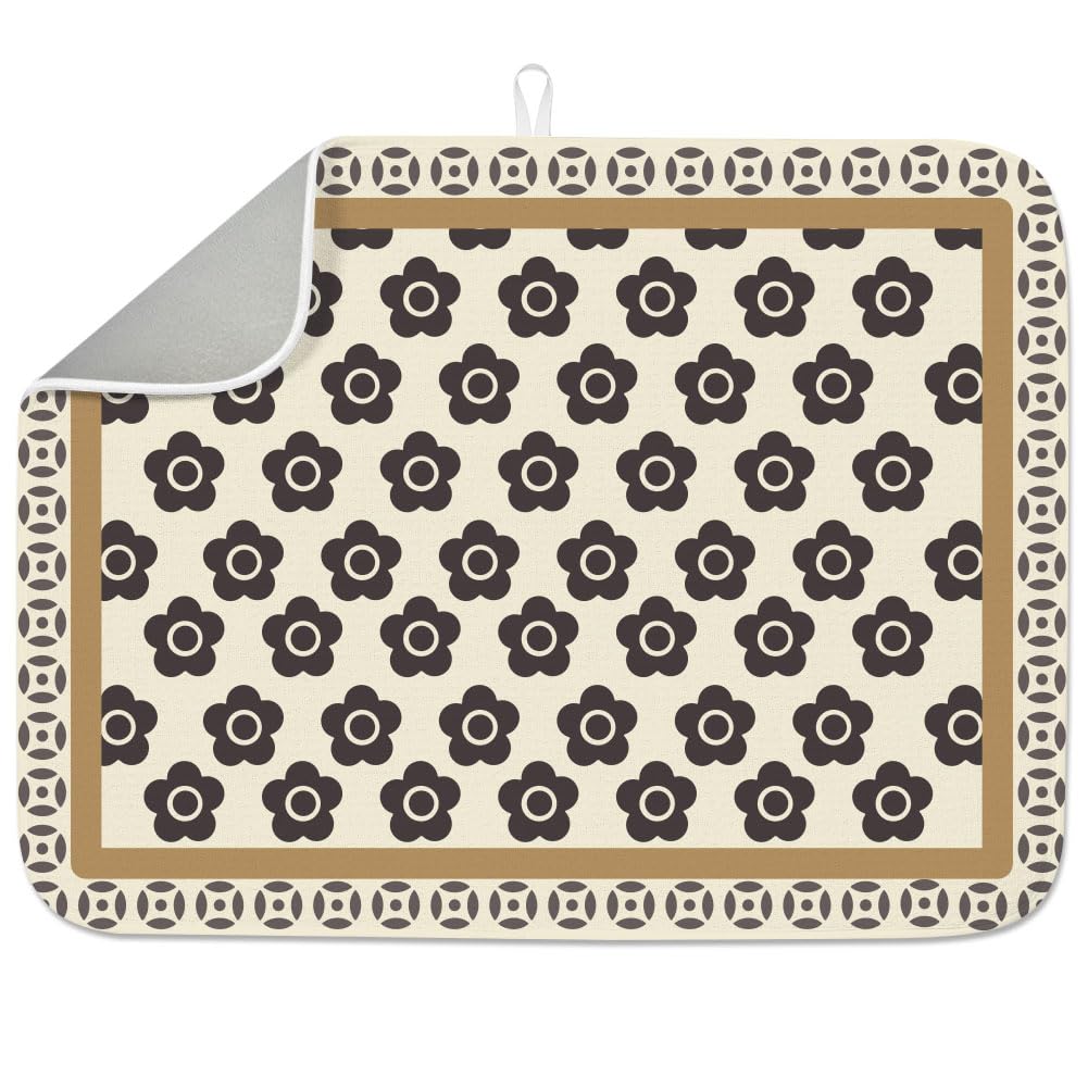 INFUNLY Vintage Pattern Dish Drying Mat for Kitchen Counter 18"X24" Brown Flowers Absorbent Dish Drainer Mat Anti-Slip Quick Dry Heat Resistant Coffee Bar Pad for Table Faucet Coffee Bar Refrigerator