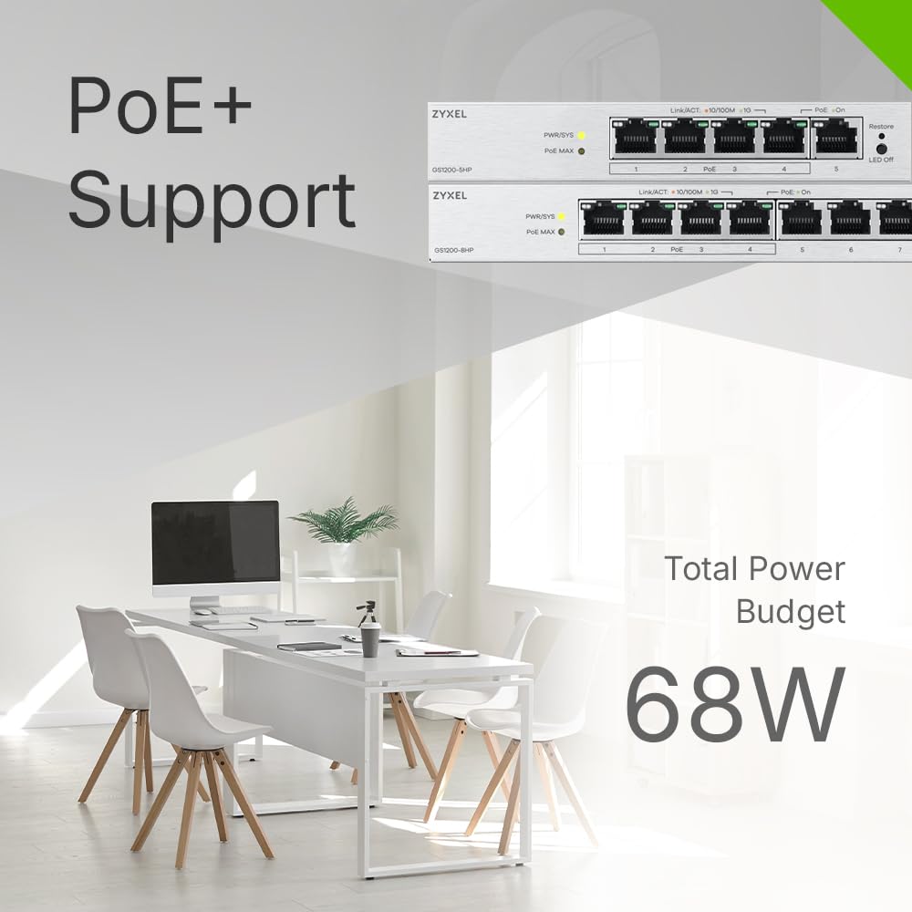Zyxel Switch PoE 5 Porte | Switch Ethernet Gigabit Web Managed | 4 Porte PoE+ Budget 68W | QoS, Link Aggregation, VLAN, IGMP Snooping | Senza ventola | Desktop [GS1200-5HPv3] | 4x Porte PoE+ con Budget di 68W + 1x GbE, Senza Ventola, VLAN, QoS, IGMP Snoop
