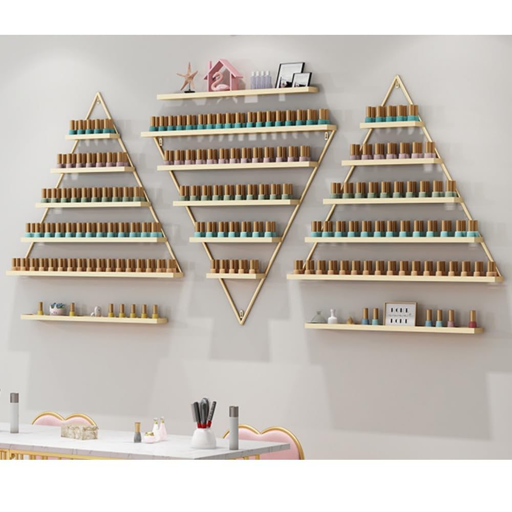 BANEBONE Elegant Gold Wall Mounted Nail Polish Rack - Set of 6 Triangular Cosmetic Display Shelves for Essential Oil Bottles, Organize Your Lipsticks and Perfumes in Style at Home or Salon (Gold)
