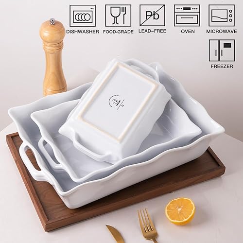 Miniatura 5 de Sweejar Cacerolas para horno, juego de 3 utensilios de cerámica para hornear, platos rectangulares para hornear con asas, sartén para lasaña de