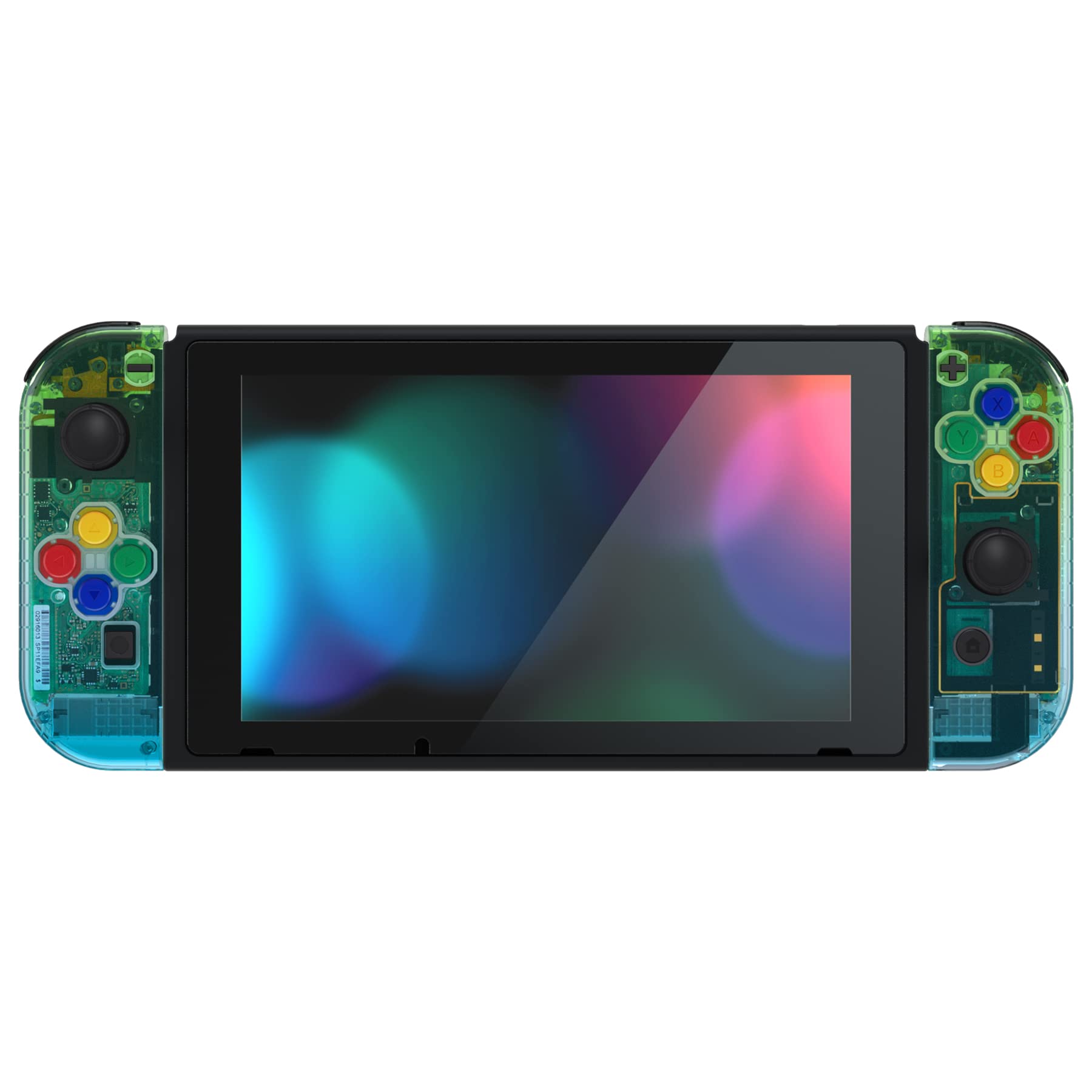 eXtremeRate Coque Remplacement avec Boutons Colorés pour Nintendo Switch, Coque avec Bouton pour Switch Console Joycons, Coque et Bouton Customisé pour NS Transparent Bleu Vert