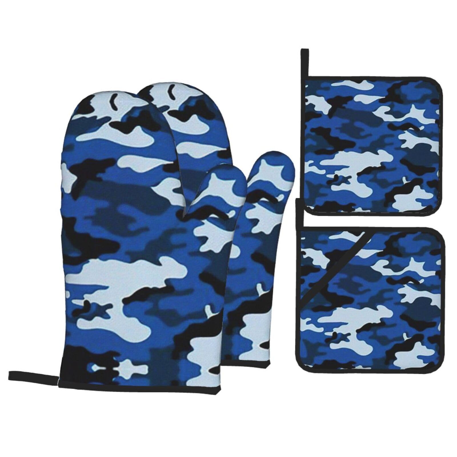 Blue Camo Print Oven Microwaving Waterproof Kitchen Gloves for Baking Grilling Holiday Cooking