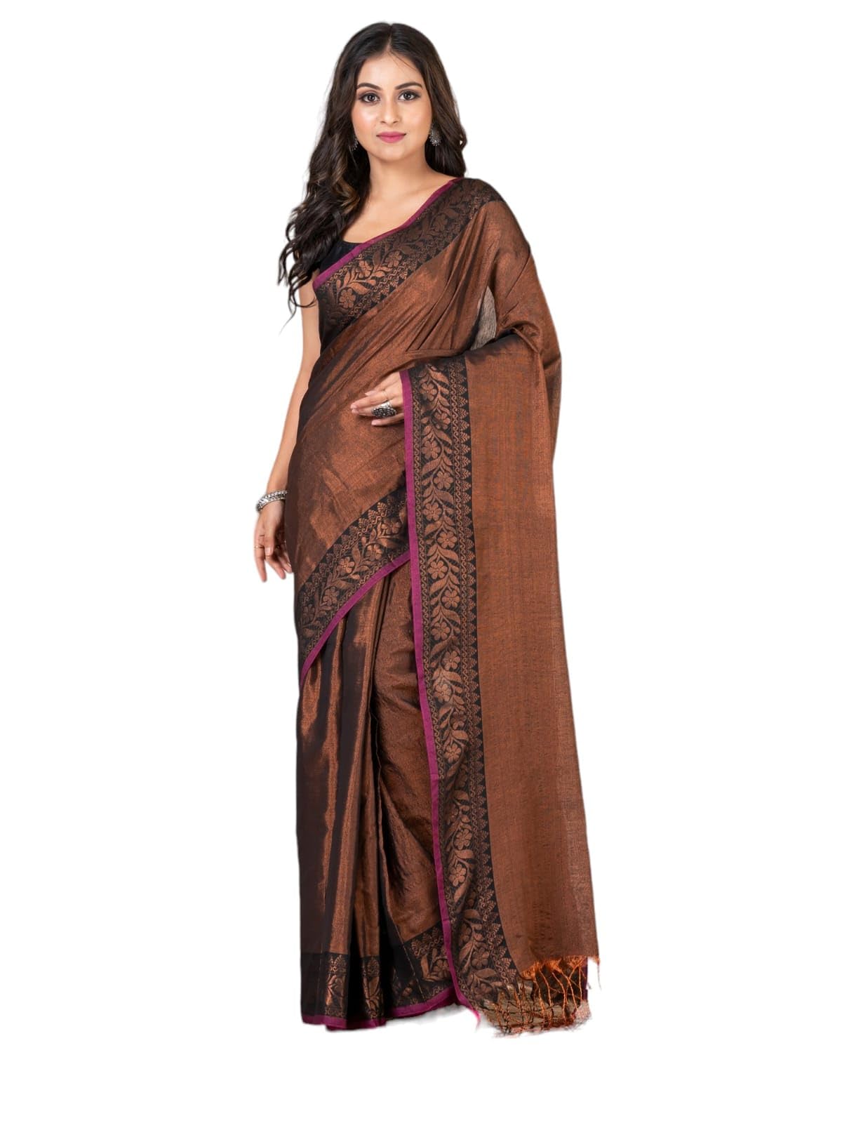 sazania Tissue Cotton Saree Bronze Floral Border Tassel Pallu Blouse Piece Attached-picture-38