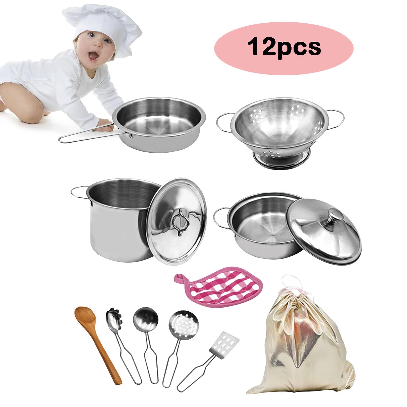 Kitchen Toys Toy Pots and Pans Set 12 PCS Stainless Steel Pretend Cooking Utensils Cookware Set Play Pots and Pans Toys Packed In a Golden Cloth Bag Chef Role Playset Cooking Set - Image 4