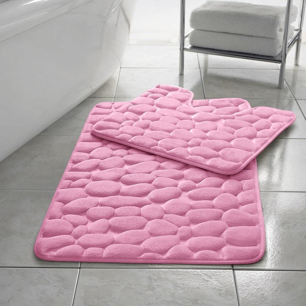 Homespace Direct Pebbles Non- Slip Memory Foam Bath Mat / Toilet Mat Set Pebbles Non- Slip Pink