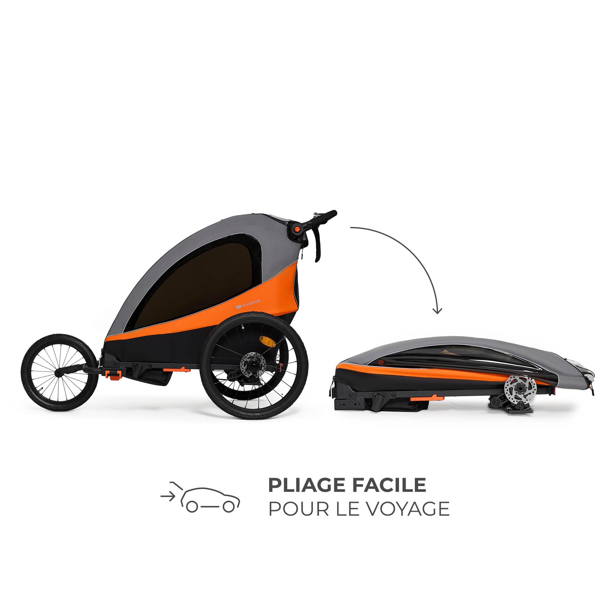 Kinderkraft NAVA 3-en-1, Remorque pour enfants Poussette, Jogger, Landau, Remorque à vélo, pour un ou deux Enfants, 2x22kg, Protection contre la pluie, Protection Contre les insectes, Orange