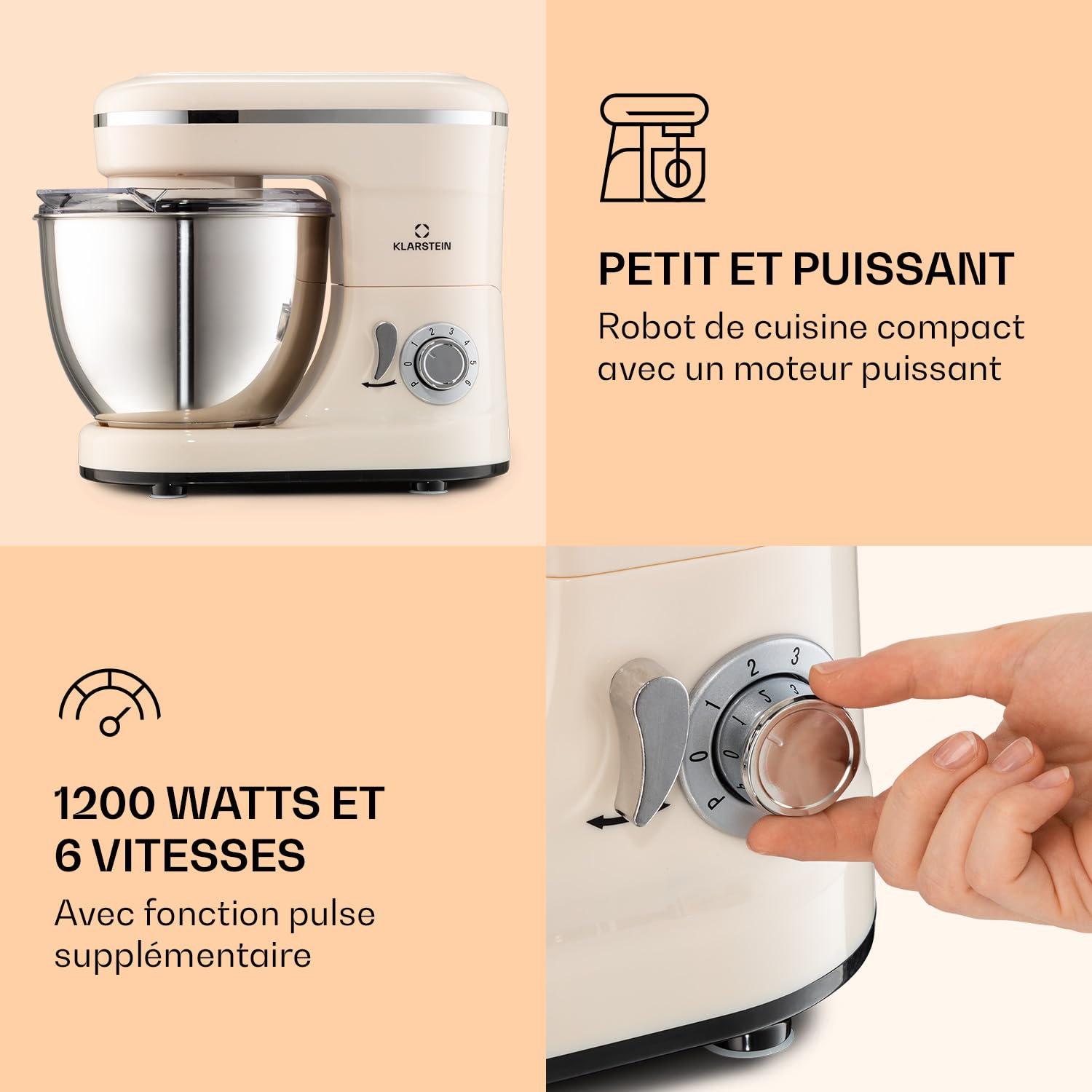 Klarstein Bella Robot Patissier 1200 W, Bol Inox 4 L, Systeme de Melange Planetaire, 6 Vitesses, Fonction Pulse, 3 Accessoires, Creme
