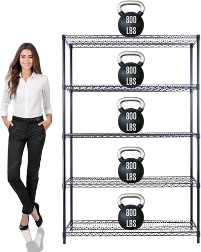 Estantería de alambre de acero de 5 niveles color negro resistente de 48 x 24 x 72 pulgadas, estante de almacenamiento de capacidad máxima NSF de