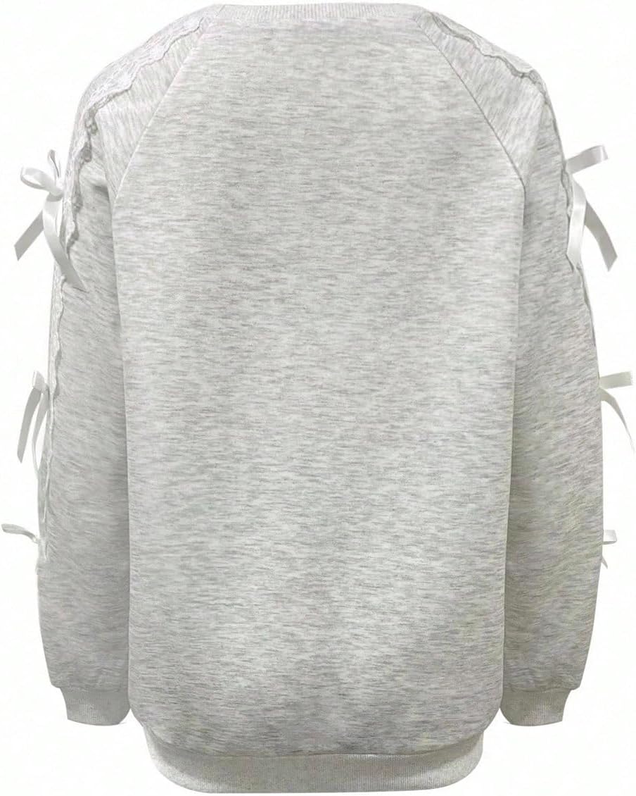 OYOANGLE Women's Bow Crewneck Sweatshirts Y2K Lace Trim Raglan Long Sleeve Pullover Tops - Image 2