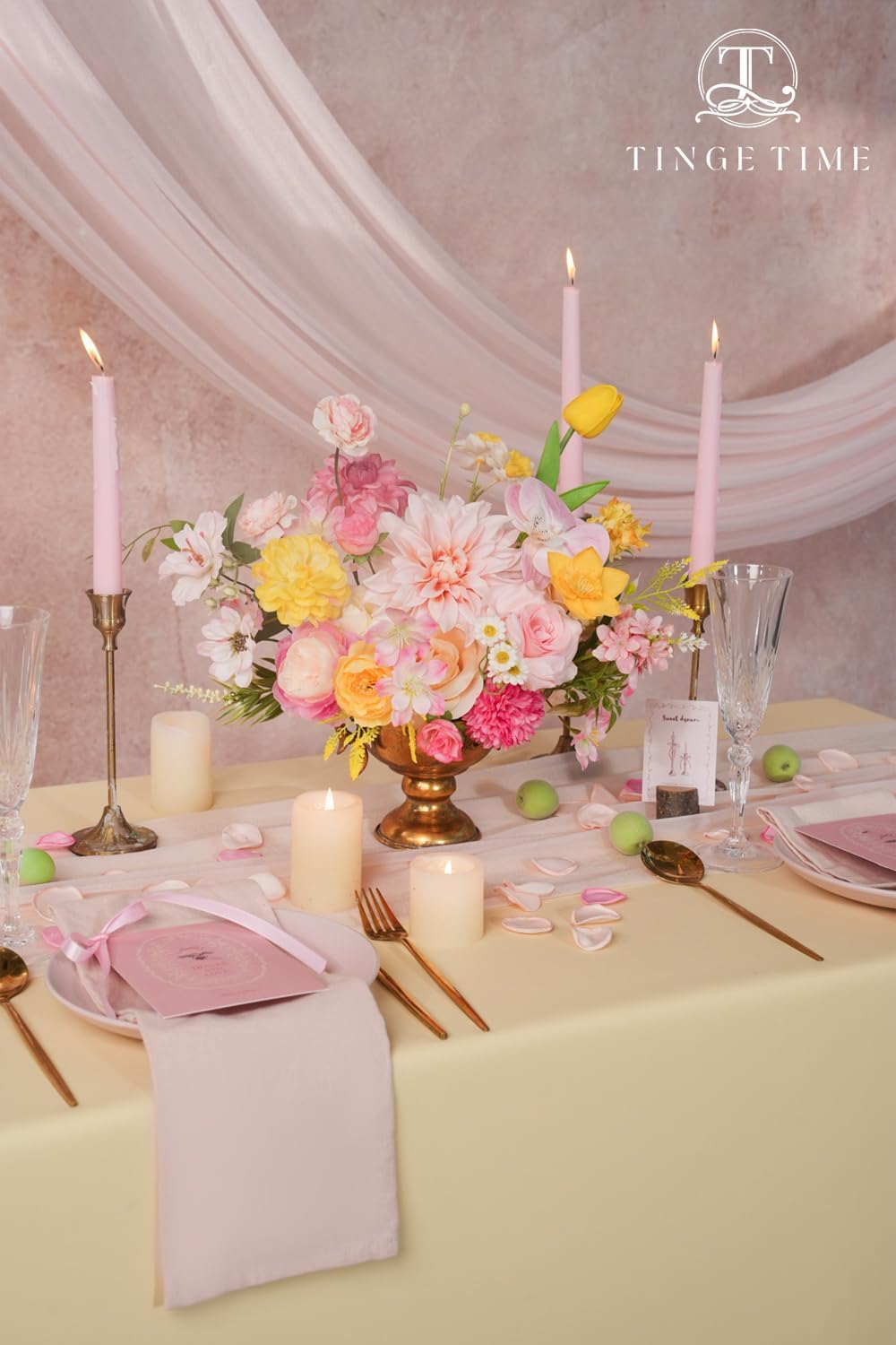 TINGE TIME Rose Artificial Flowers Combo, Pink Yellow Fake Foam Peony Dahlia with Stems for DIY Wedding Bouquets Baby Shower Party Table Centerpieces Home Decorations